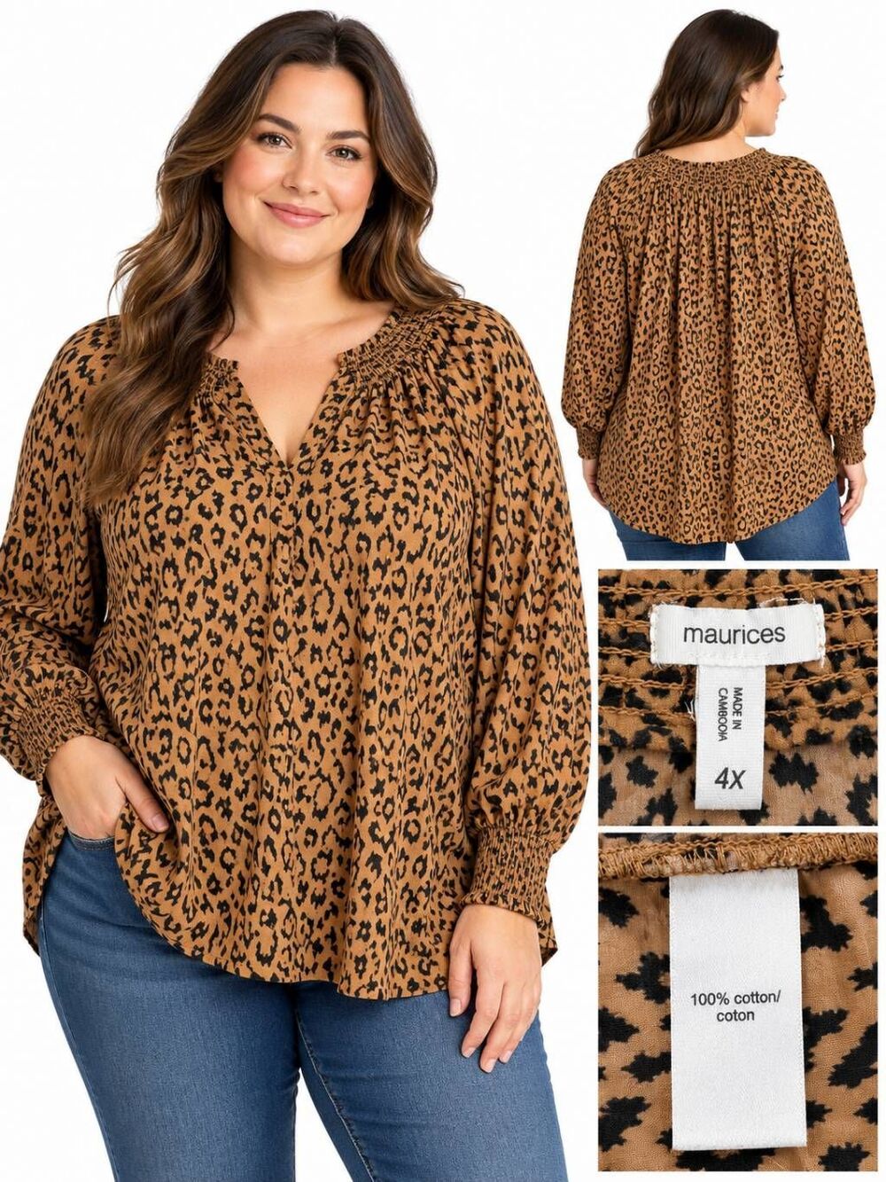 Maurices 4X Plus Leopard Smocked Peasant Blouse
